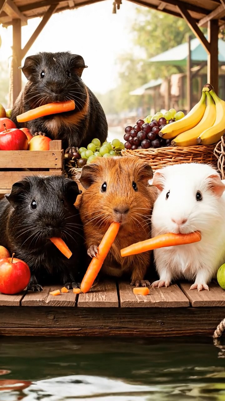 1487. Photorealistic image of 3 smooth-haired Rex guinea pigs featuring black, brown, and cream coats, sharing carrot sticks, on a floating market vendor boat with fruits.