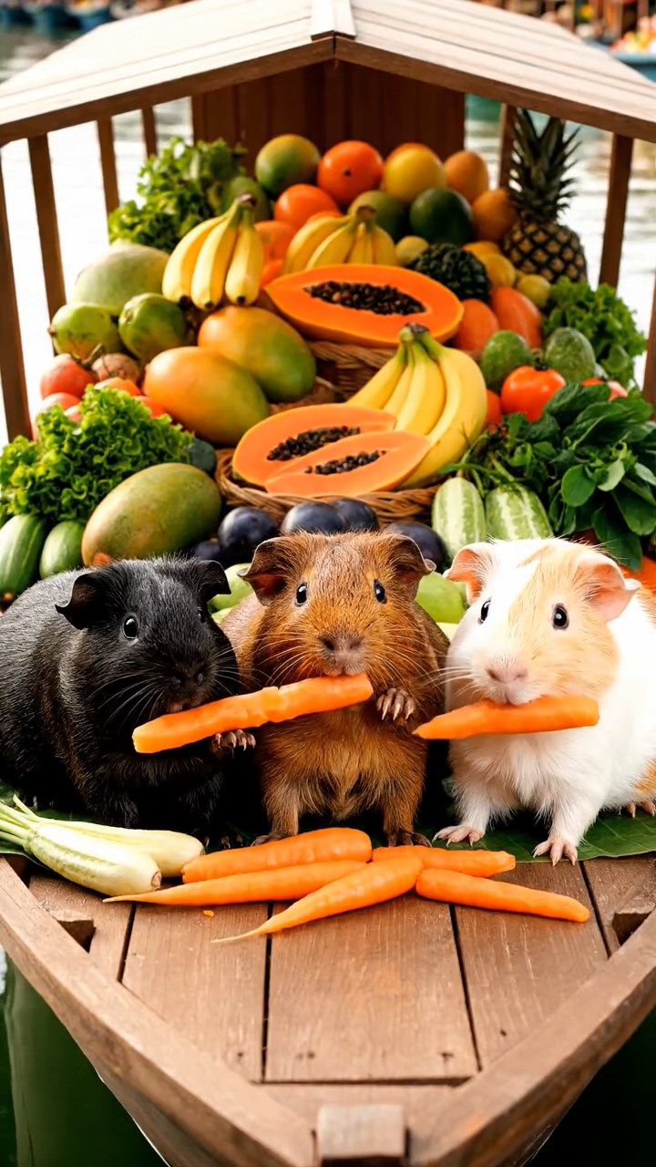 1487. Photorealistic image of 3 smooth-haired Rex guinea pigs featuring black, brown, and cream coats, sharing carrot sticks, on a floating market vendor boat with fruits.