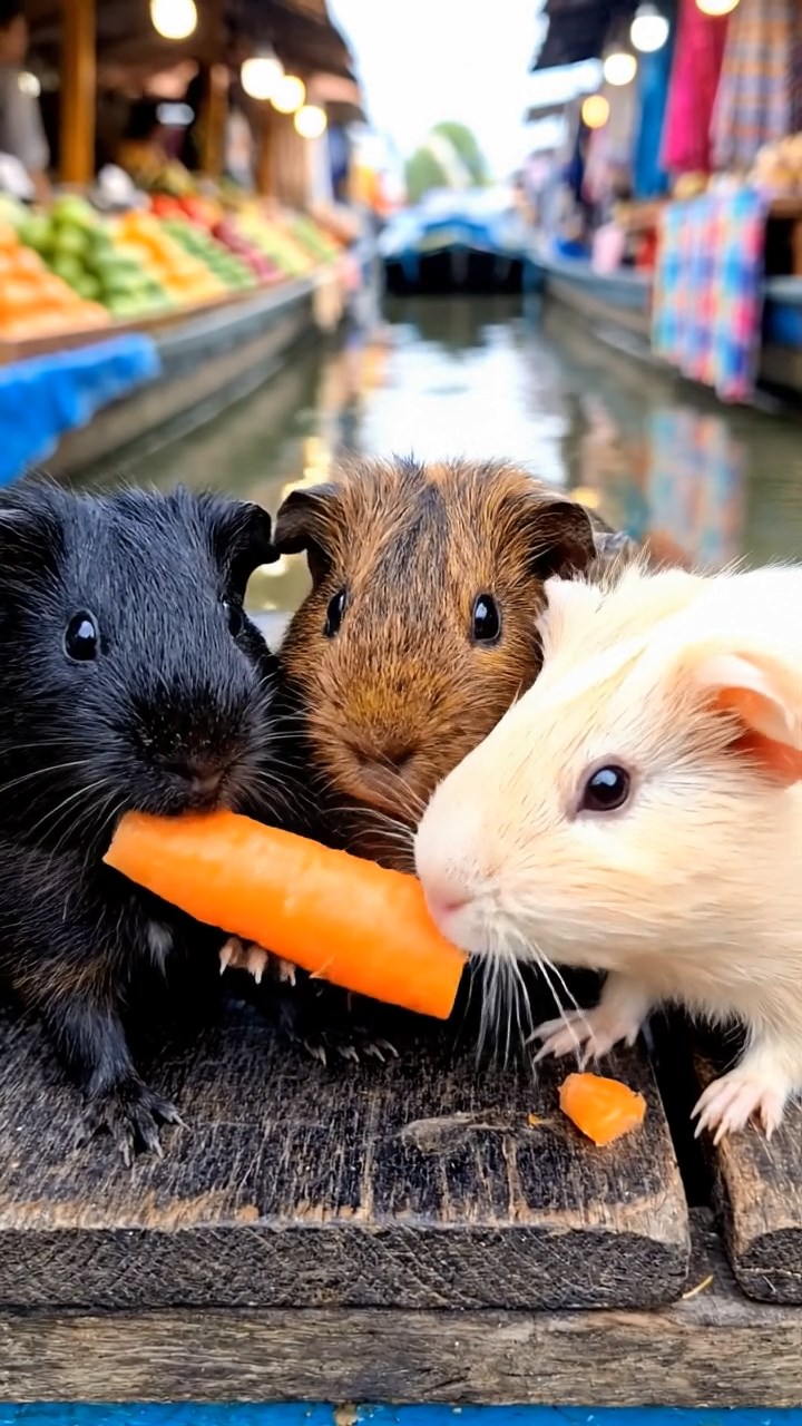1487. Photorealistic image of 3 smooth-haired Rex guinea pigs featuring black, brown, and cream coats, sharing carrot sticks, on a floating market vendor boat with fruits.