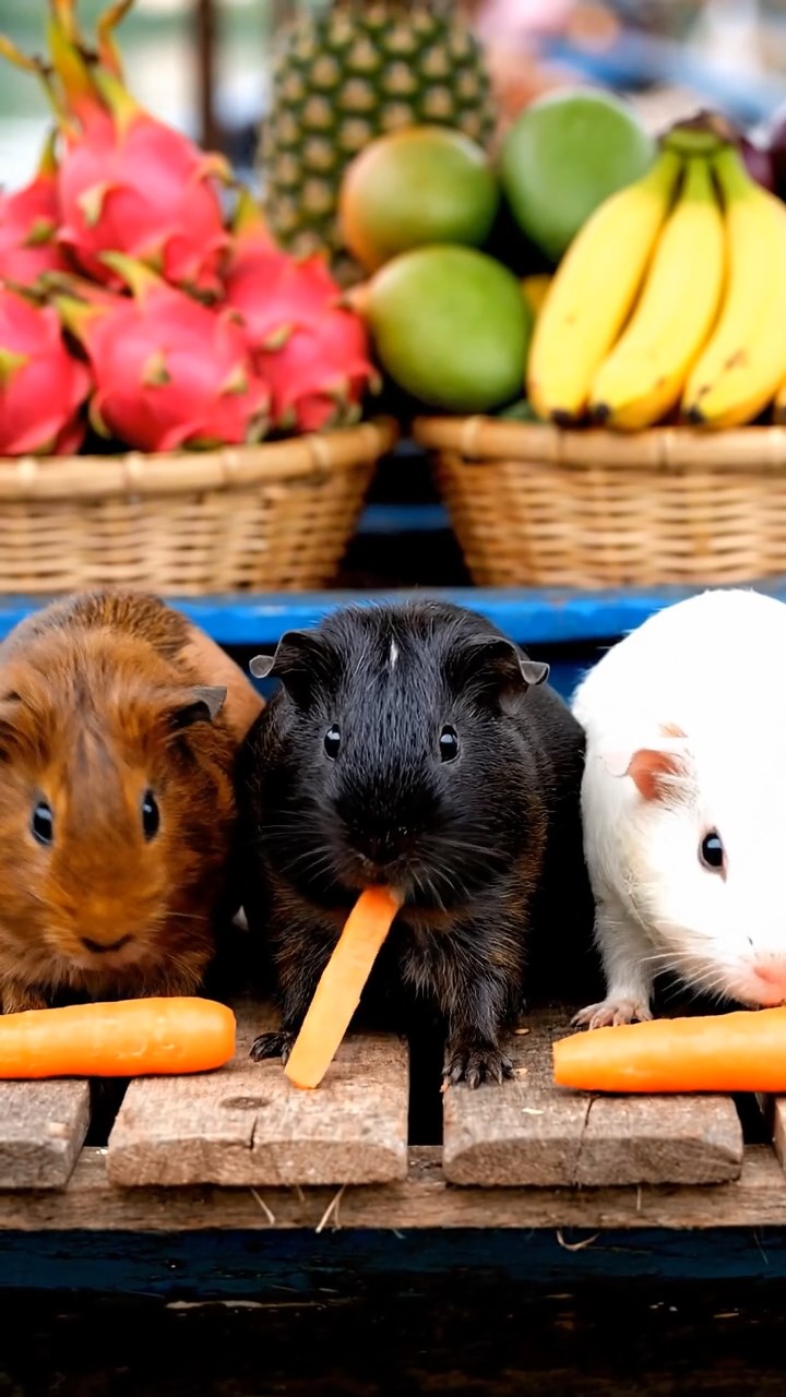 1487. Photorealistic image of 3 smooth-haired Rex guinea pigs featuring black, brown, and cream coats, sharing carrot sticks, on a floating market vendor boat with fruits.