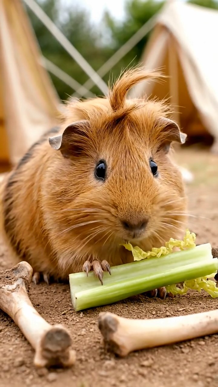 1488. Realistic depiction of 1 smooth-haired Coronet guinea pig with fawn fur, munching on celery ribs, at a archaeological bone site with tents.