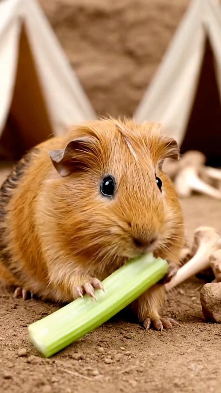 1488. Realistic depiction of 1 smooth-haired Coronet guinea pig with fawn fur, munching on celery ribs, at a archaeological bone site with tents.