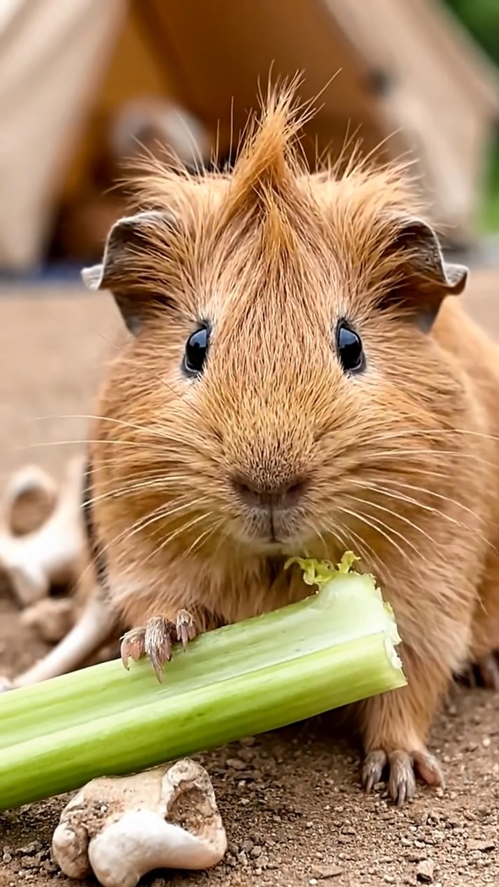 1488. Realistic depiction of 1 smooth-haired Coronet guinea pig with fawn fur, munching on celery ribs, at a archaeological bone site with tents.