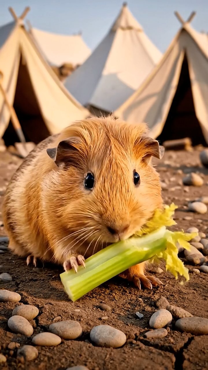 1488. Realistic depiction of 1 smooth-haired Coronet guinea pig with fawn fur, munching on celery ribs, at a archaeological bone site with tents.