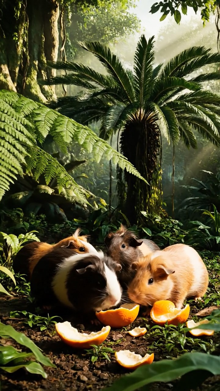 1489. Detailed scene of 5 smooth-haired White Crested guinea pigs with chocolate, cinnamon, and sable fur, eating orange peels, in a lush dinosaur-era jungle with palms.