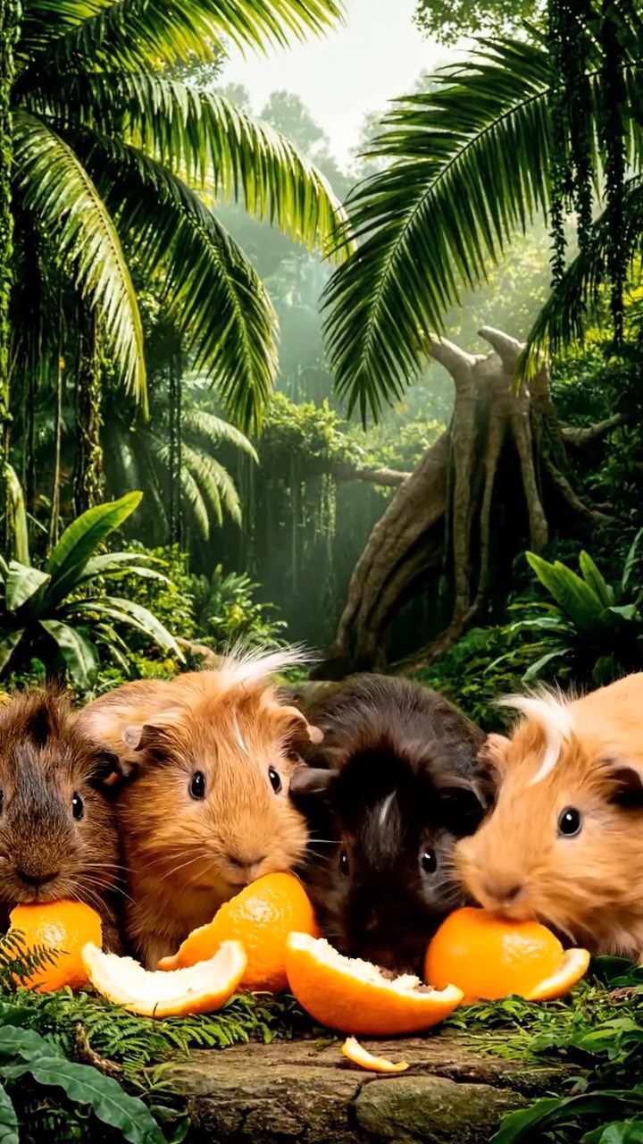 1489. Detailed scene of 5 smooth-haired White Crested guinea pigs with chocolate, cinnamon, and sable fur, eating orange peels, in a lush dinosaur-era jungle with palms.