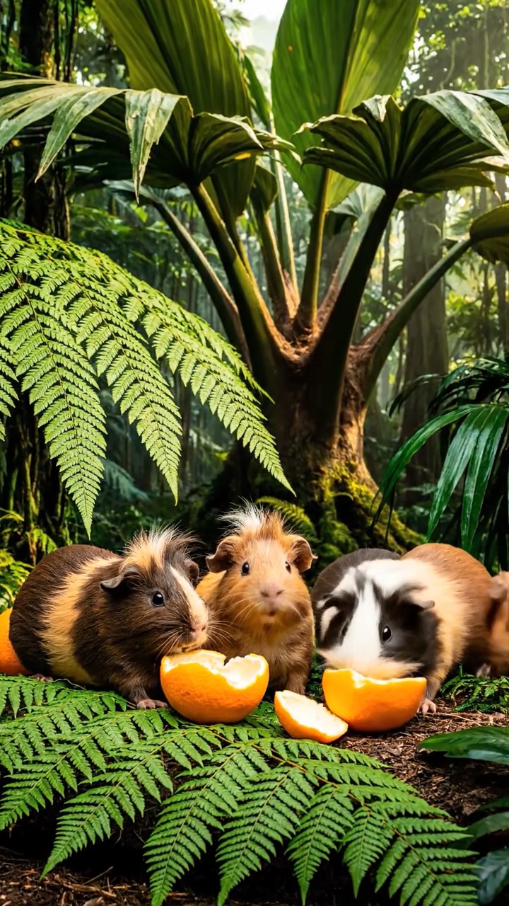 1489. Detailed scene of 5 smooth-haired White Crested guinea pigs with chocolate, cinnamon, and sable fur, eating orange peels, in a lush dinosaur-era jungle with palms.