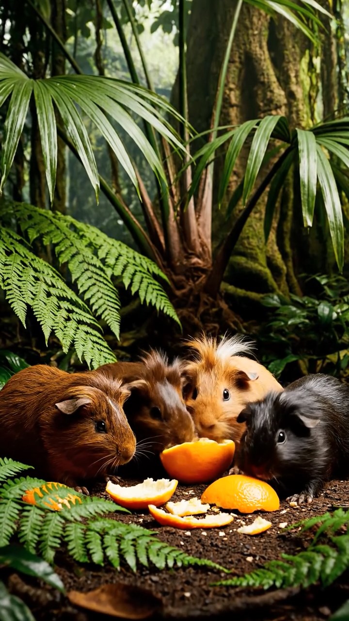 1489. Detailed scene of 5 smooth-haired White Crested guinea pigs with chocolate, cinnamon, and sable fur, eating orange peels, in a lush dinosaur-era jungle with palms.