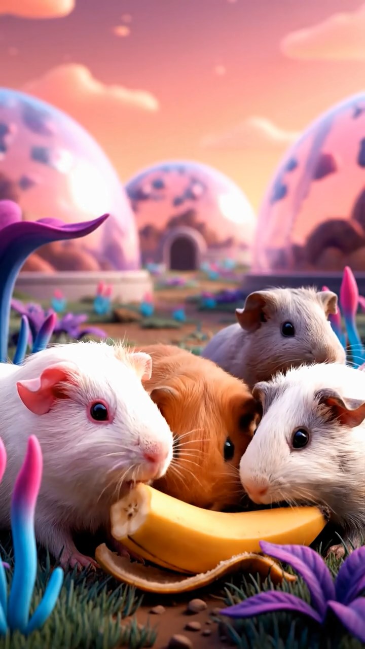 1490. Photorealistic photo of 4 smooth-haired Skinny guinea pigs in white, orange, and gray colors, nibbling on banana chunks, on a extraterrestrial colony farm with domes.