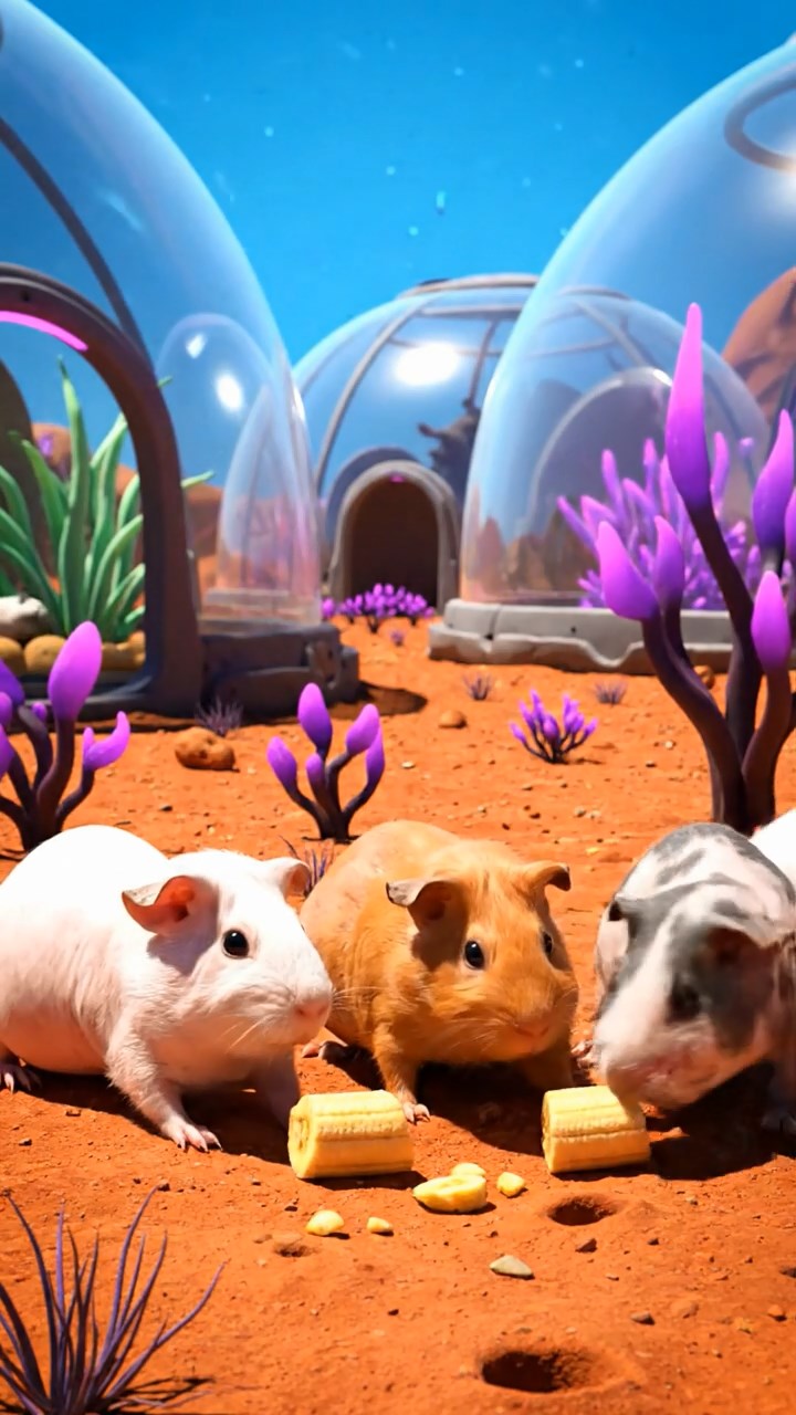 1490. Photorealistic photo of 4 smooth-haired Skinny guinea pigs in white, orange, and gray colors, nibbling on banana chunks, on a extraterrestrial colony farm with domes.