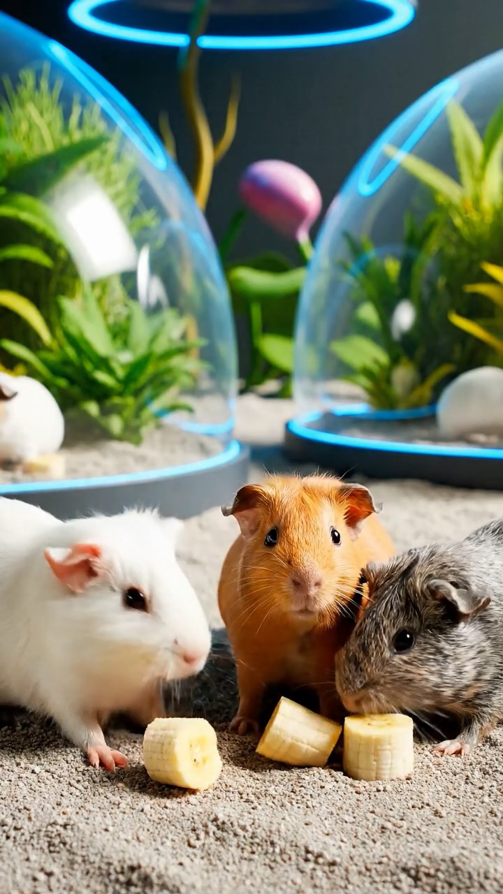 1490. Photorealistic photo of 4 smooth-haired Skinny guinea pigs in white, orange, and gray colors, nibbling on banana chunks, on a extraterrestrial colony farm with domes.