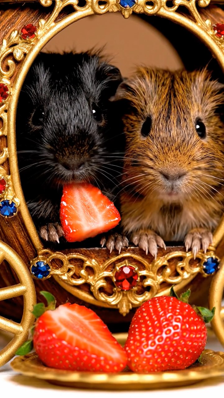 1491. Realistic image of 2 smooth-haired American guinea pigs with black and brown fur, chewing on strawberry slices, inside a royal fairy coach with jewels.