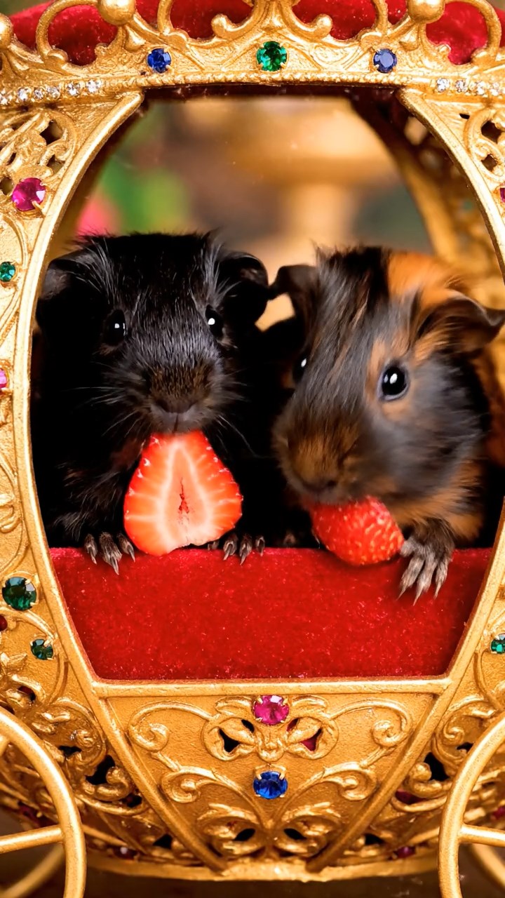1491. Realistic image of 2 smooth-haired American guinea pigs with black and brown fur, chewing on strawberry slices, inside a royal fairy coach with jewels.