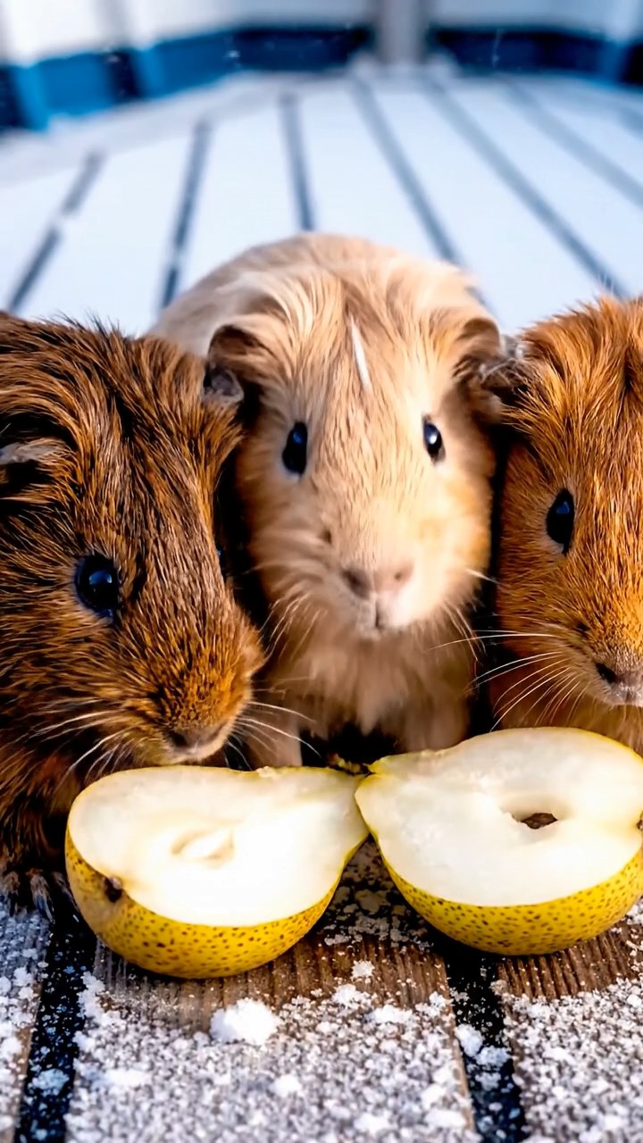 1492. Highly detailed view of 3 smooth-haired Abyssinian guinea pigs featuring cream, fawn, and chocolate coats, sharing pear halves, on a frozen research vessel deck.
