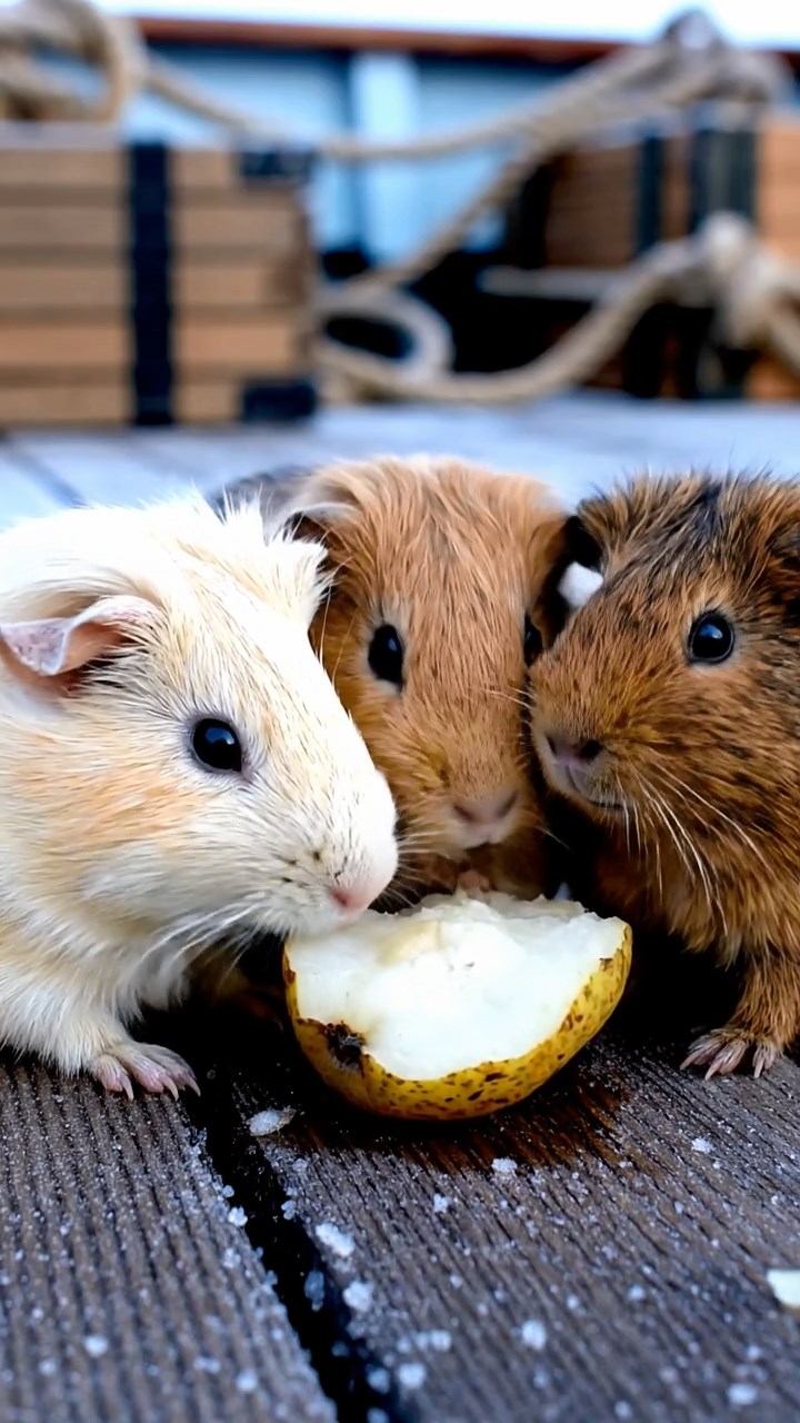1492. Highly detailed view of 3 smooth-haired Abyssinian guinea pigs featuring cream, fawn, and chocolate coats, sharing pear halves, on a frozen research vessel deck.