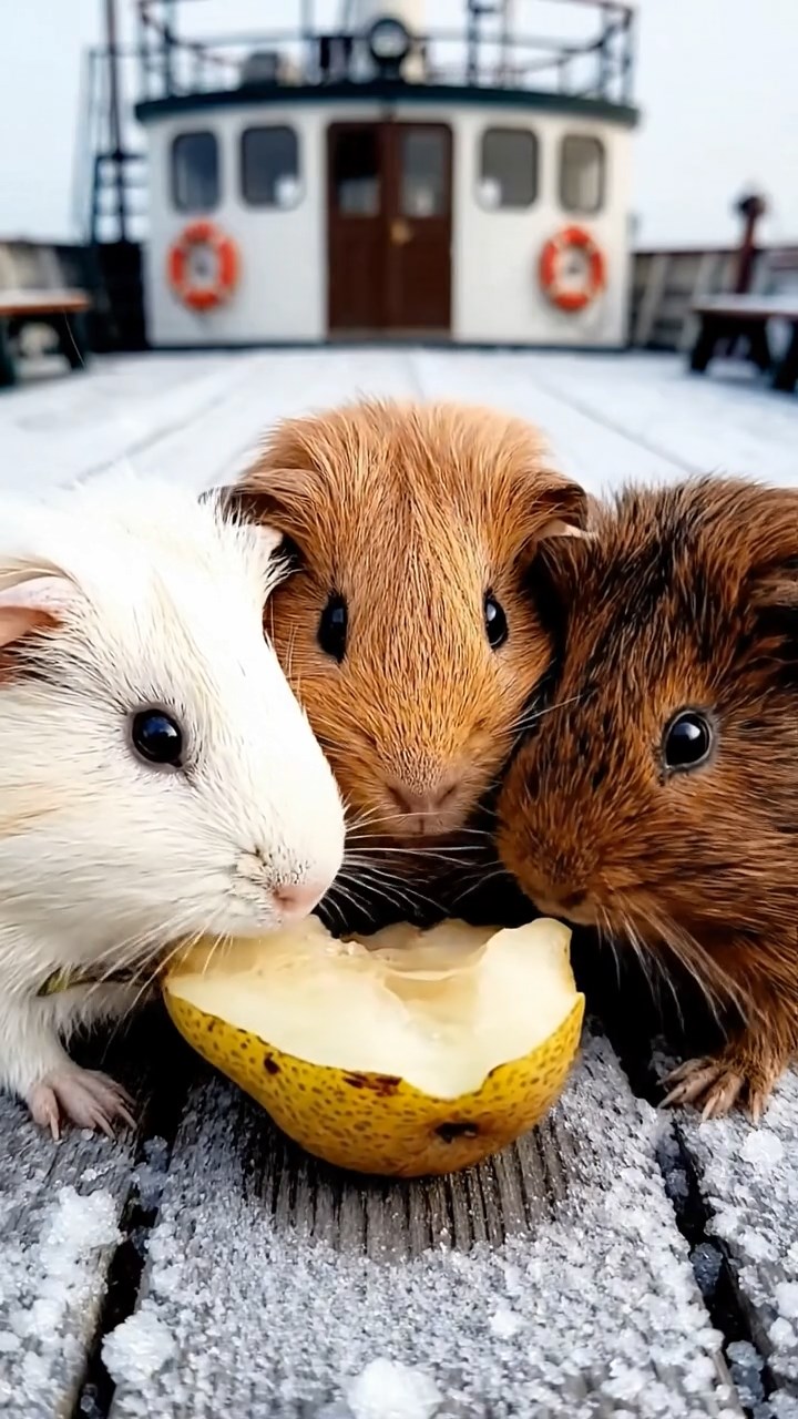 1492. Highly detailed view of 3 smooth-haired Abyssinian guinea pigs featuring cream, fawn, and chocolate coats, sharing pear halves, on a frozen research vessel deck.