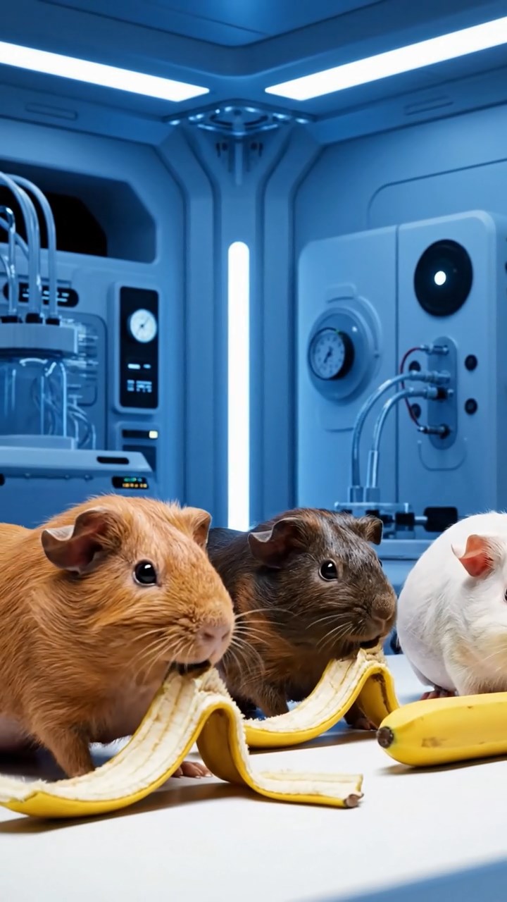 1530. Photorealistic scene of 3 smooth-haired Skinny guinea pigs in cinnamon, sable, and white colors, nibbling on banana peels, inside a modular space lab with experiment gear.