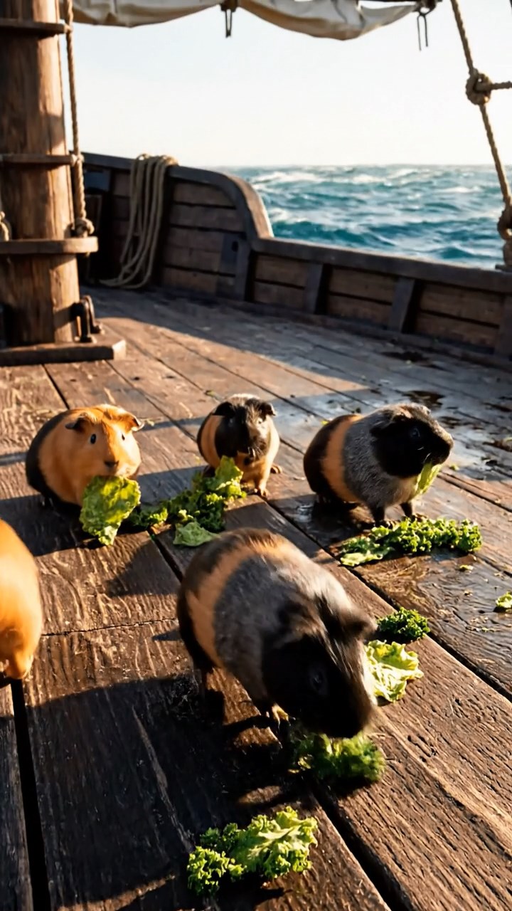 1531. Realistic photo of 5 smooth-haired American guinea pigs with orange, gray, and black fur, chewing on kale chips, on a weathered pirate frigate deck with ocean swells.