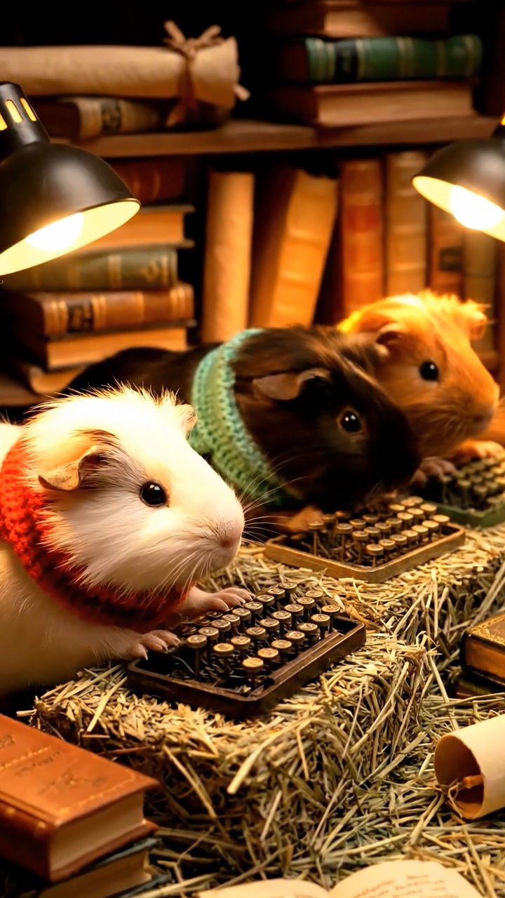 299. Highly detailed view of 4 smooth-haired Himalayan guinea pigs with White, Orange, Black, and Brown fur, dressed as writers in tiny scarves, typing poems in a guinea pig study with miniature books and hay desks, under warm lamplight, creating a vivid, realistic literary scene.
