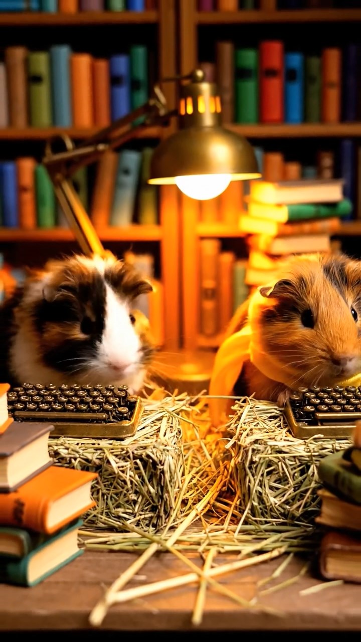 299. Highly detailed view of 4 smooth-haired Himalayan guinea pigs with White, Orange, Black, and Brown fur, dressed as writers in tiny scarves, typing poems in a guinea pig study with miniature books and hay desks, under warm lamplight, creating a vivid, realistic literary scene.