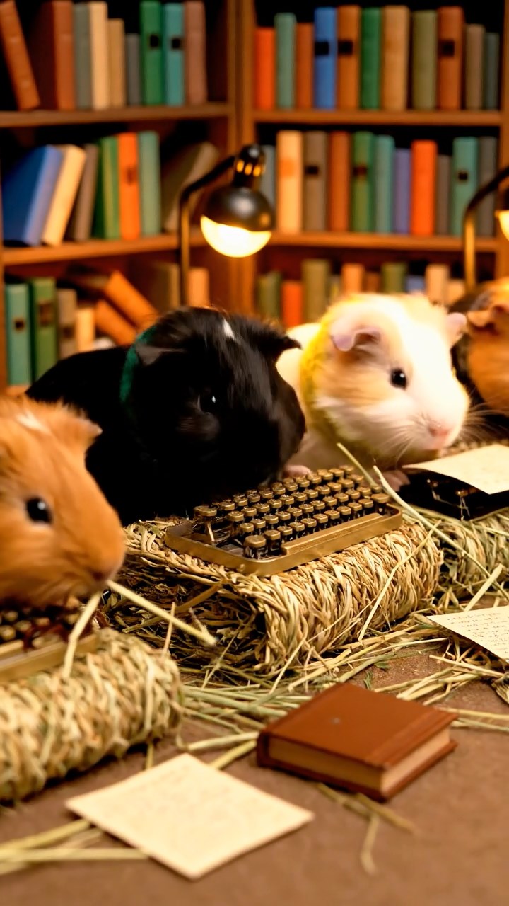 299. Highly detailed view of 4 smooth-haired Himalayan guinea pigs with White, Orange, Black, and Brown fur, dressed as writers in tiny scarves, typing poems in a guinea pig study with miniature books and hay desks, under warm lamplight, creating a vivid, realistic literary scene.