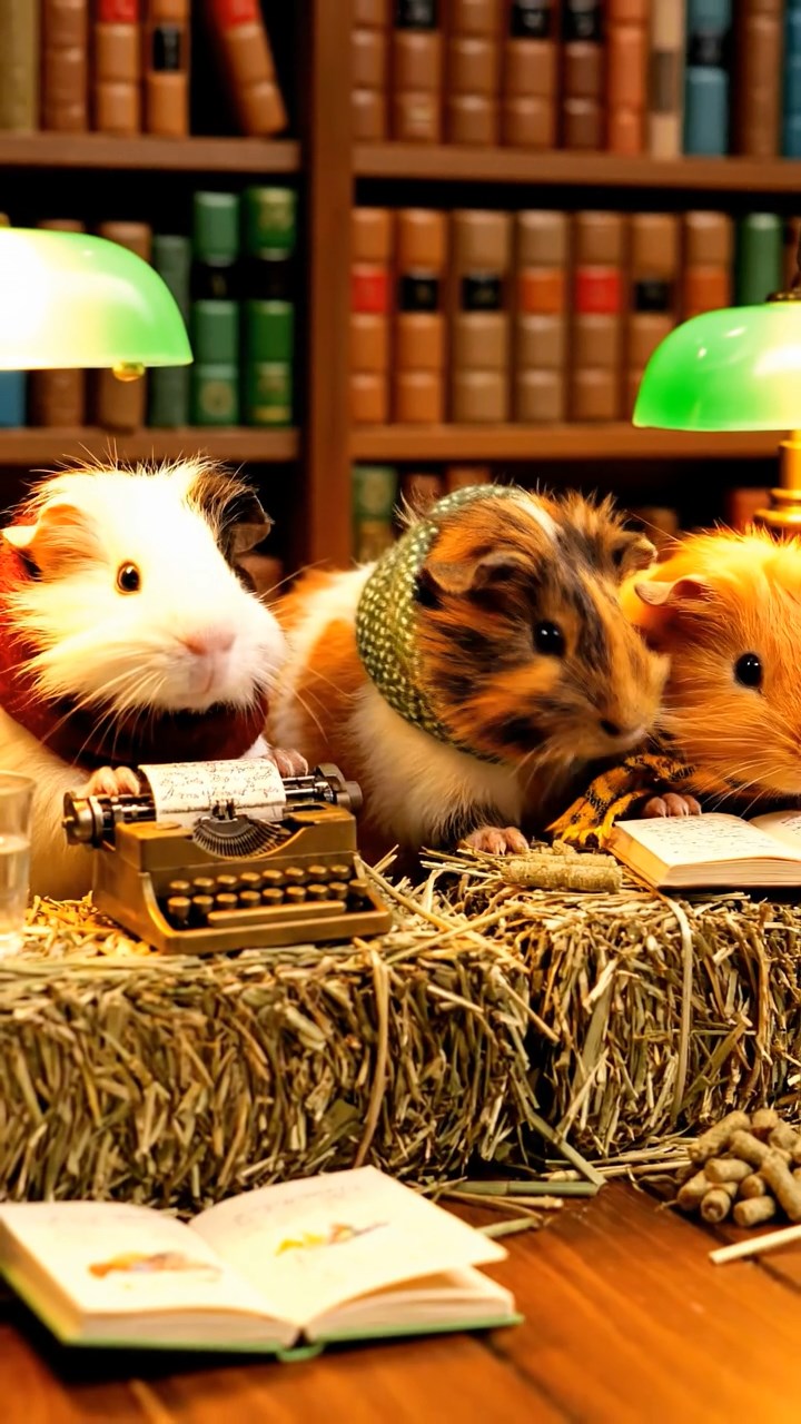 299. Highly detailed view of 4 smooth-haired Himalayan guinea pigs with White, Orange, Black, and Brown fur, dressed as writers in tiny scarves, typing poems in a guinea pig study with miniature books and hay desks, under warm lamplight, creating a vivid, realistic literary scene.