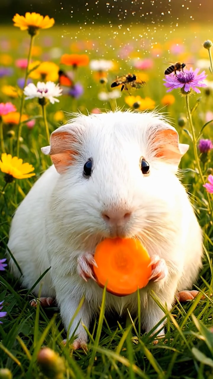 301. Detailed photo of 1 smooth-haired American guinea pig with White fur, munching on fresh carrots, in a vibrant wildflower field buzzing with bees and butterflies, under soft sunlight, creating a realistic, colorful scene of peaceful foraging.