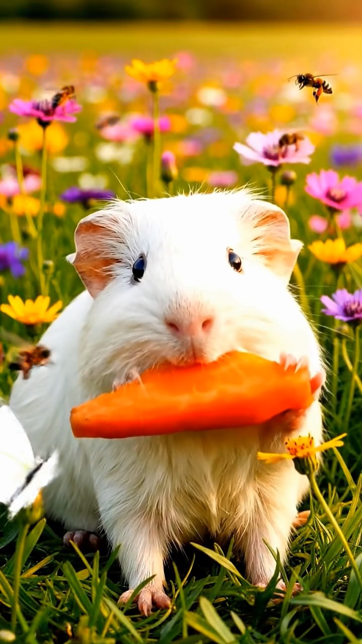 301. Detailed photo of 1 smooth-haired American guinea pig with White fur, munching on fresh carrots, in a vibrant wildflower field buzzing with bees and butterflies, under soft sunlight, creating a realistic, colorful scene of peaceful foraging.