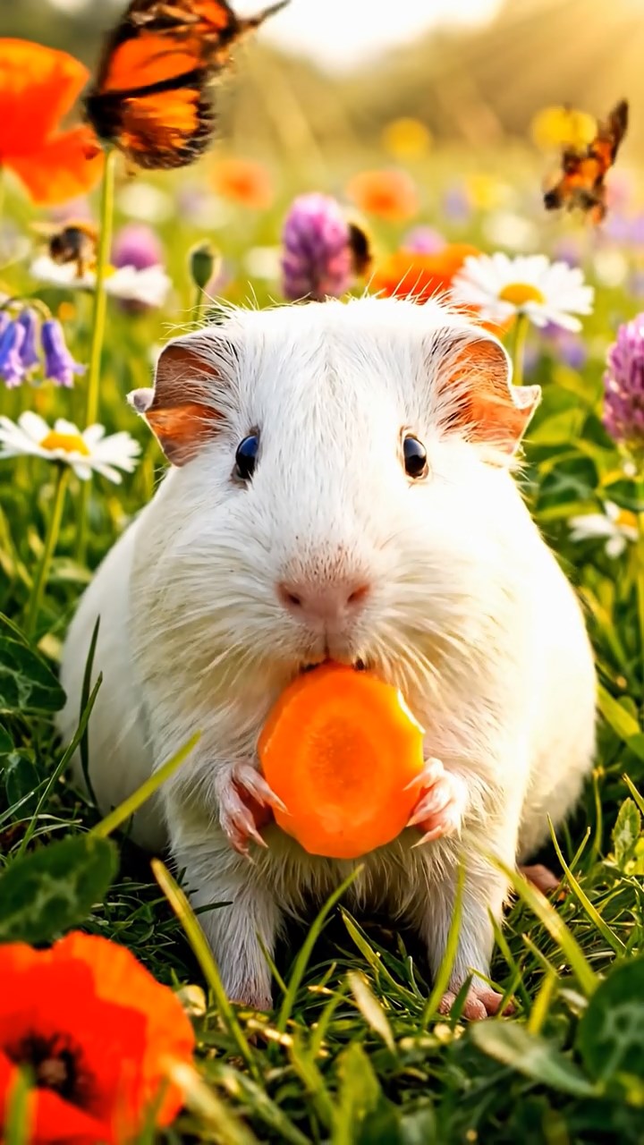 301. Detailed photo of 1 smooth-haired American guinea pig with White fur, munching on fresh carrots, in a vibrant wildflower field buzzing with bees and butterflies, under soft sunlight, creating a realistic, colorful scene of peaceful foraging.