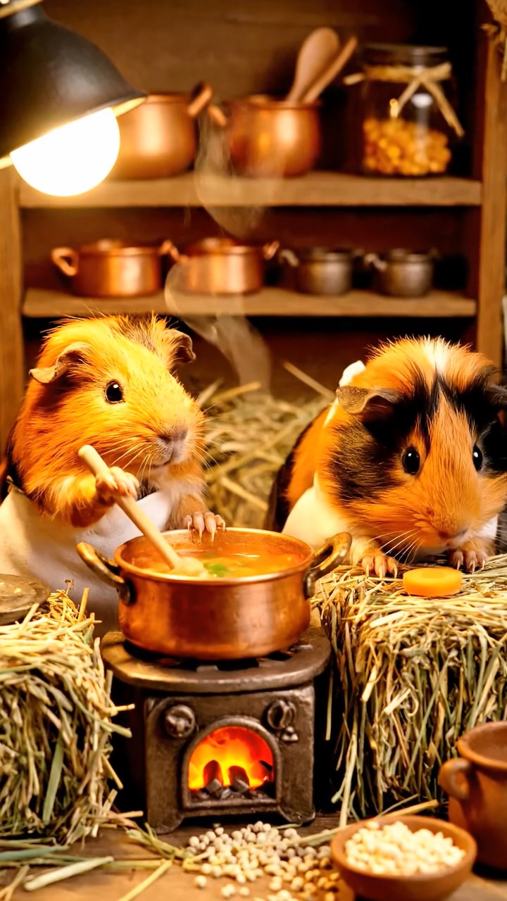 302. Photorealistic scene of 2 smooth-haired Teddy guinea pigs with Orange and Black fur, dressed as chefs in tiny aprons, preparing miniature soups in a cozy guinea pig kitchen with hay counters and wooden shelves, under warm lamplight, capturing a vivid, lifelike culinary moment.