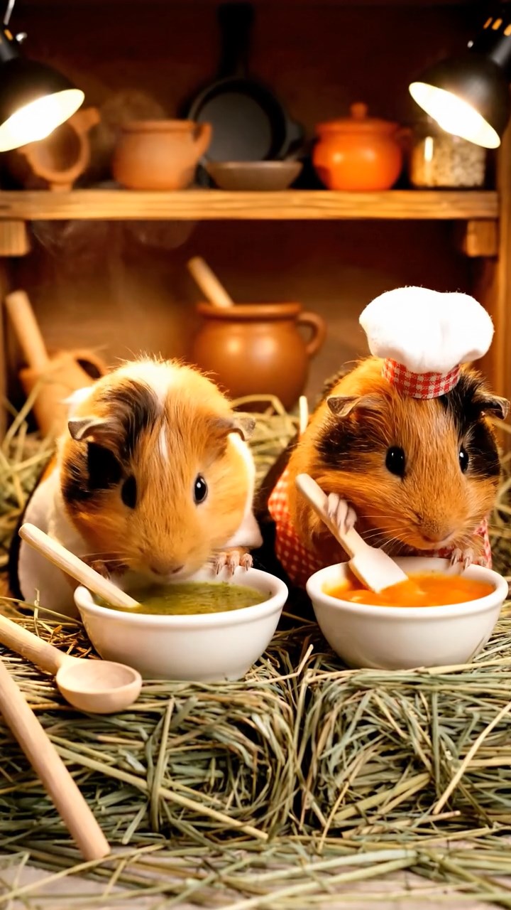 302. Photorealistic scene of 2 smooth-haired Teddy guinea pigs with Orange and Black fur, dressed as chefs in tiny aprons, preparing miniature soups in a cozy guinea pig kitchen with hay counters and wooden shelves, under warm lamplight, capturing a vivid, lifelike culinary moment.