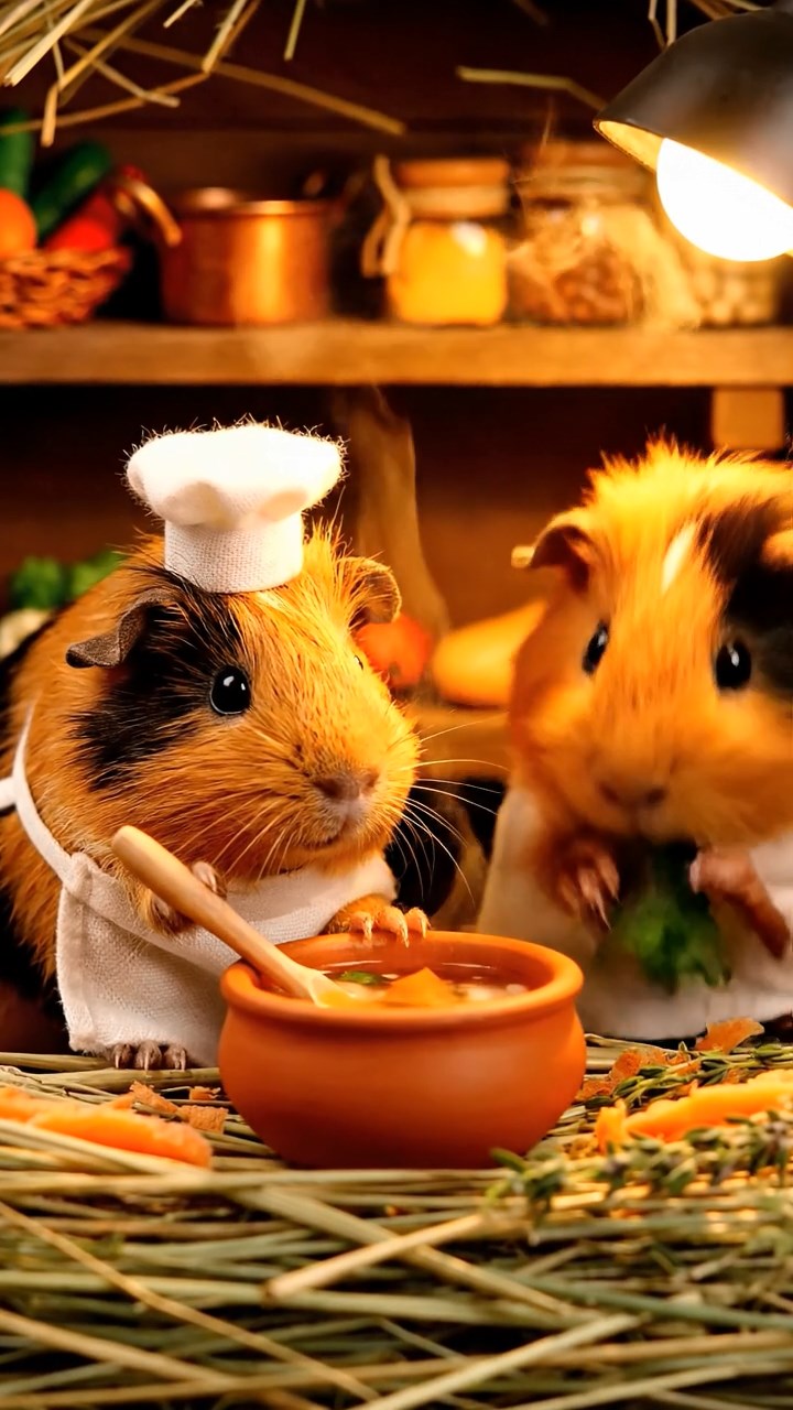 302. Photorealistic scene of 2 smooth-haired Teddy guinea pigs with Orange and Black fur, dressed as chefs in tiny aprons, preparing miniature soups in a cozy guinea pig kitchen with hay counters and wooden shelves, under warm lamplight, capturing a vivid, lifelike culinary moment.