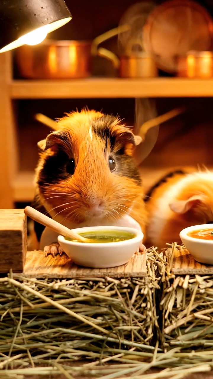 302. Photorealistic scene of 2 smooth-haired Teddy guinea pigs with Orange and Black fur, dressed as chefs in tiny aprons, preparing miniature soups in a cozy guinea pig kitchen with hay counters and wooden shelves, under warm lamplight, capturing a vivid, lifelike culinary moment.
