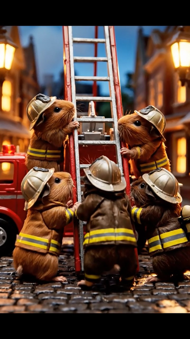 304. Realistic scene of 4 smooth-haired Californian guinea pigs with Fawn, Chocolate, Cinnamon, and Sable fur, dressed as firefighters in tiny uniforms, operating a miniature ladder in a guinea pig town square with cobblestone paths and glowing lanterns, enhancing the lifelike, heroic atmosphere.