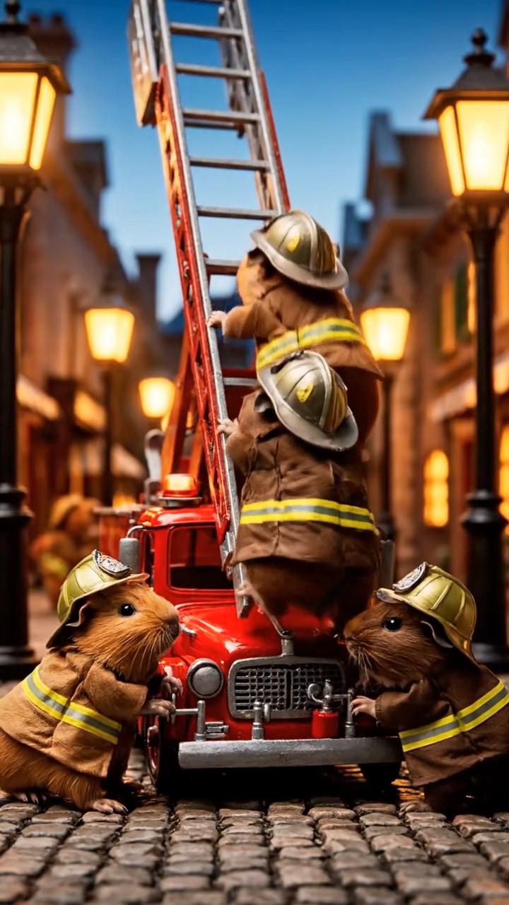 304. Realistic scene of 4 smooth-haired Californian guinea pigs with Fawn, Chocolate, Cinnamon, and Sable fur, dressed as firefighters in tiny uniforms, operating a miniature ladder in a guinea pig town square with cobblestone paths and glowing lanterns, enhancing the lifelike, heroic atmosphere.