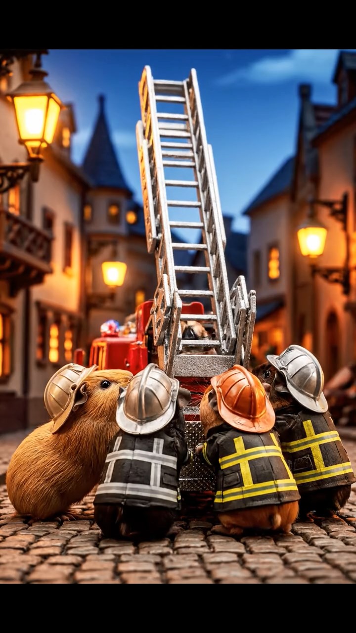 304. Realistic scene of 4 smooth-haired Californian guinea pigs with Fawn, Chocolate, Cinnamon, and Sable fur, dressed as firefighters in tiny uniforms, operating a miniature ladder in a guinea pig town square with cobblestone paths and glowing lanterns, enhancing the lifelike, heroic atmosphere.
