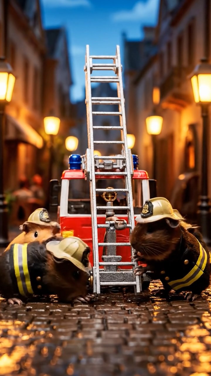 304. Realistic scene of 4 smooth-haired Californian guinea pigs with Fawn, Chocolate, Cinnamon, and Sable fur, dressed as firefighters in tiny uniforms, operating a miniature ladder in a guinea pig town square with cobblestone paths and glowing lanterns, enhancing the lifelike, heroic atmosphere.