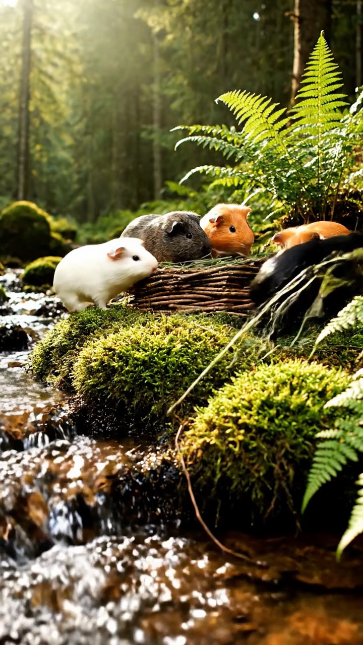 305. Detailed photo of 5 smooth-haired American guinea pigs with White, Orange, Gray, Black, and Brown fur, nest-building with twigs and grass in a tranquil forest glade with soft ferns and a babbling brook, under gentle morning light, creating a vivid, realistic scene of cooperative effort.