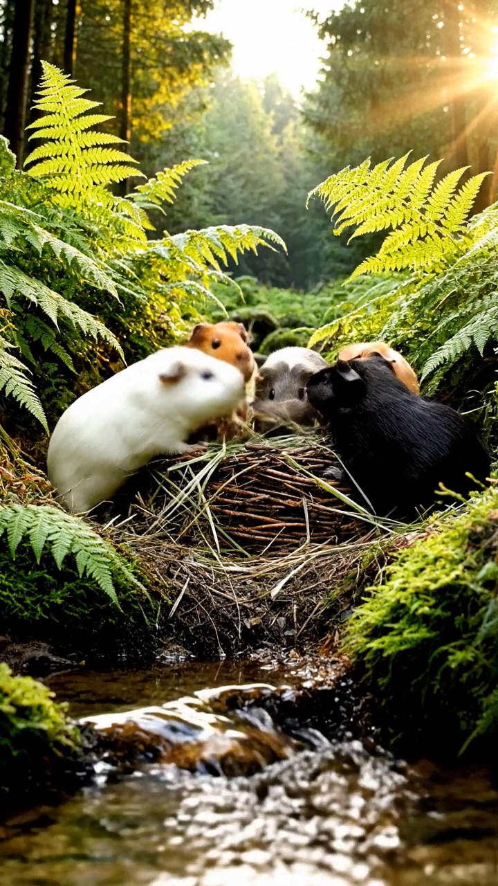 305. Detailed photo of 5 smooth-haired American guinea pigs with White, Orange, Gray, Black, and Brown fur, nest-building with twigs and grass in a tranquil forest glade with soft ferns and a babbling brook, under gentle morning light, creating a vivid, realistic scene of cooperative effort.