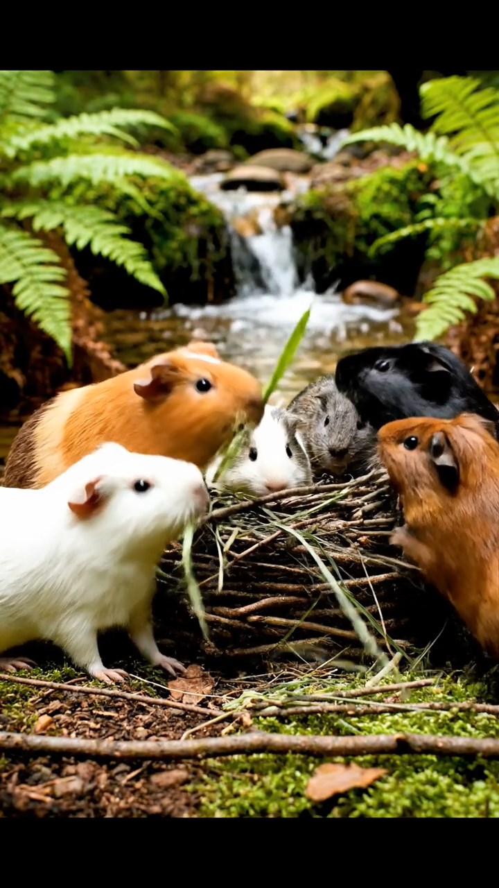 305. Detailed photo of 5 smooth-haired American guinea pigs with White, Orange, Gray, Black, and Brown fur, nest-building with twigs and grass in a tranquil forest glade with soft ferns and a babbling brook, under gentle morning light, creating a vivid, realistic scene of cooperative effort.