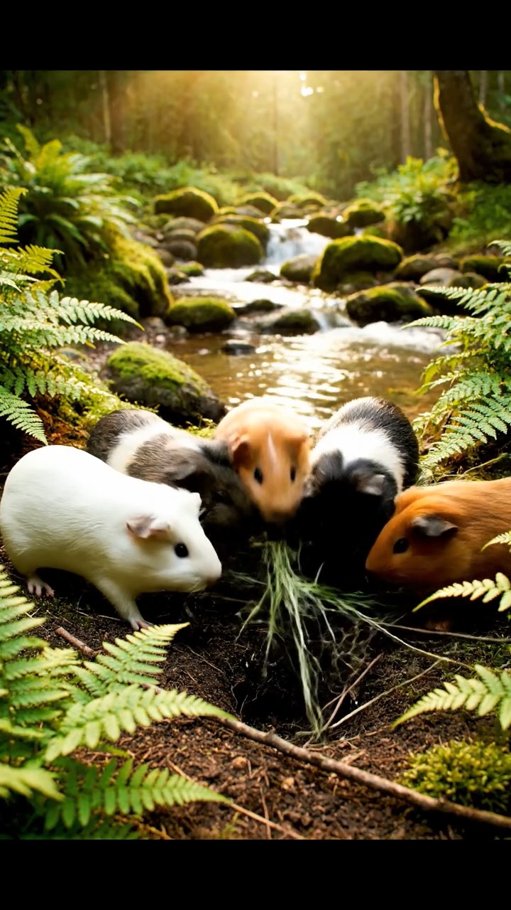 305. Detailed photo of 5 smooth-haired American guinea pigs with White, Orange, Gray, Black, and Brown fur, nest-building with twigs and grass in a tranquil forest glade with soft ferns and a babbling brook, under gentle morning light, creating a vivid, realistic scene of cooperative effort.