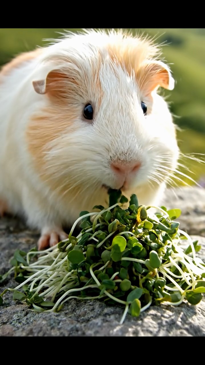 306. Photorealistic scene of 1 smooth-haired Teddy guinea pig with Cream fur, nibbling on fresh alfalfa sprouts, on a rocky outcrop overlooking a serene valley, with rolling hills and scattered wildflowers, under soft daylight, capturing a lifelike, pastoral moment.