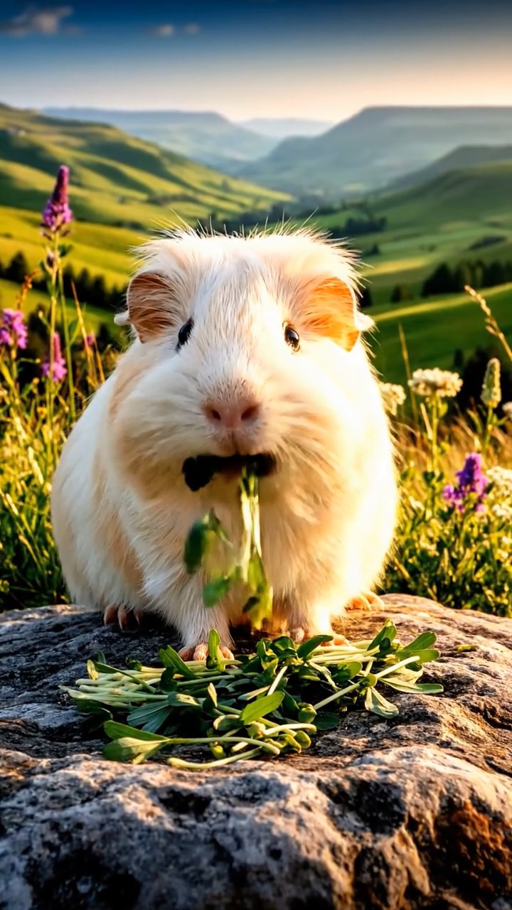 306. Photorealistic scene of 1 smooth-haired Teddy guinea pig with Cream fur, nibbling on fresh alfalfa sprouts, on a rocky outcrop overlooking a serene valley, with rolling hills and scattered wildflowers, under soft daylight, capturing a lifelike, pastoral moment.