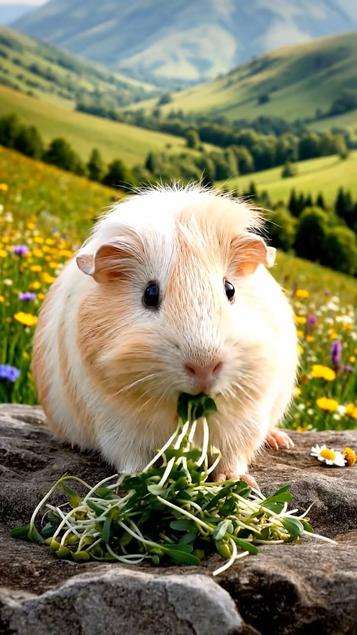 306. Photorealistic scene of 1 smooth-haired Teddy guinea pig with Cream fur, nibbling on fresh alfalfa sprouts, on a rocky outcrop overlooking a serene valley, with rolling hills and scattered wildflowers, under soft daylight, capturing a lifelike, pastoral moment.