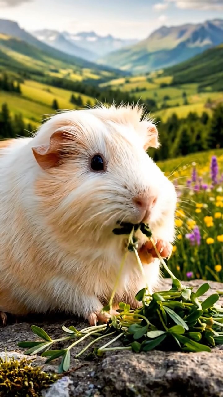 306. Photorealistic scene of 1 smooth-haired Teddy guinea pig with Cream fur, nibbling on fresh alfalfa sprouts, on a rocky outcrop overlooking a serene valley, with rolling hills and scattered wildflowers, under soft daylight, capturing a lifelike, pastoral moment.