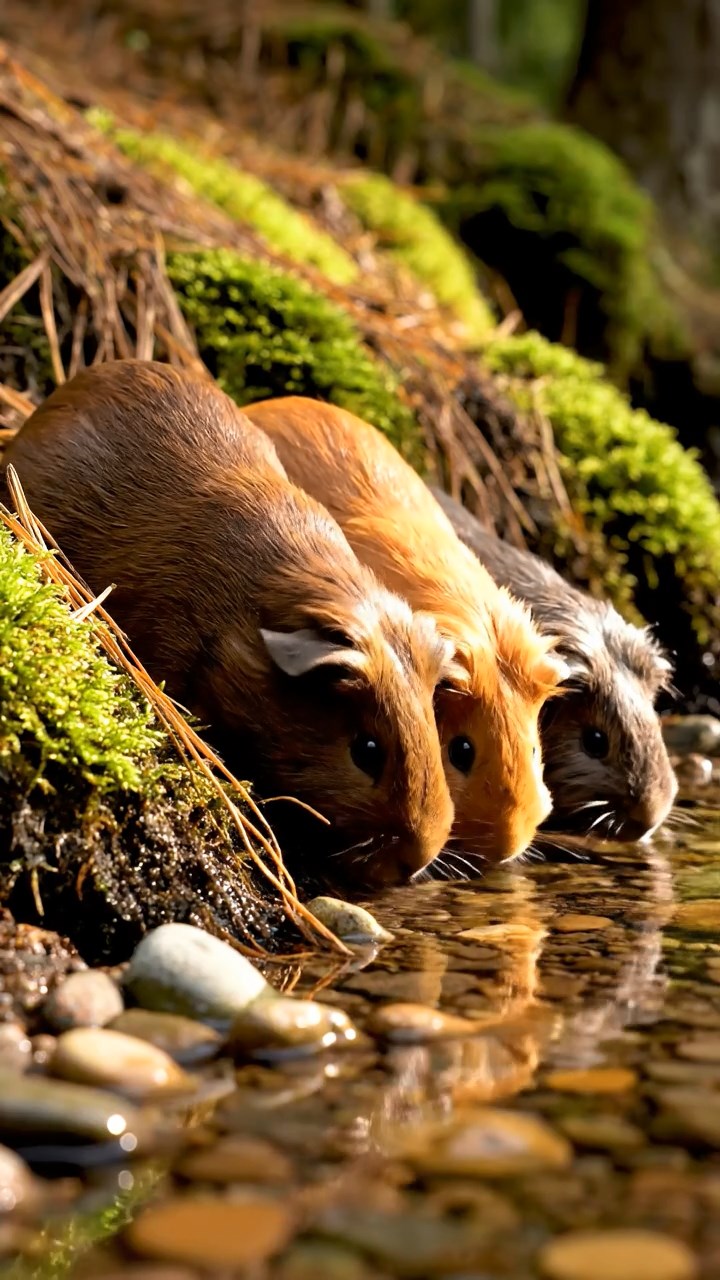 308. Realistic scene of 3 smooth-haired Californian guinea pigs with Chocolate, Cinnamon, and Gray fur, drinking from a clear stream in a forested slope with pine needles and moss, under dappled sunlight, enhancing the authentic, serene atmosphere.