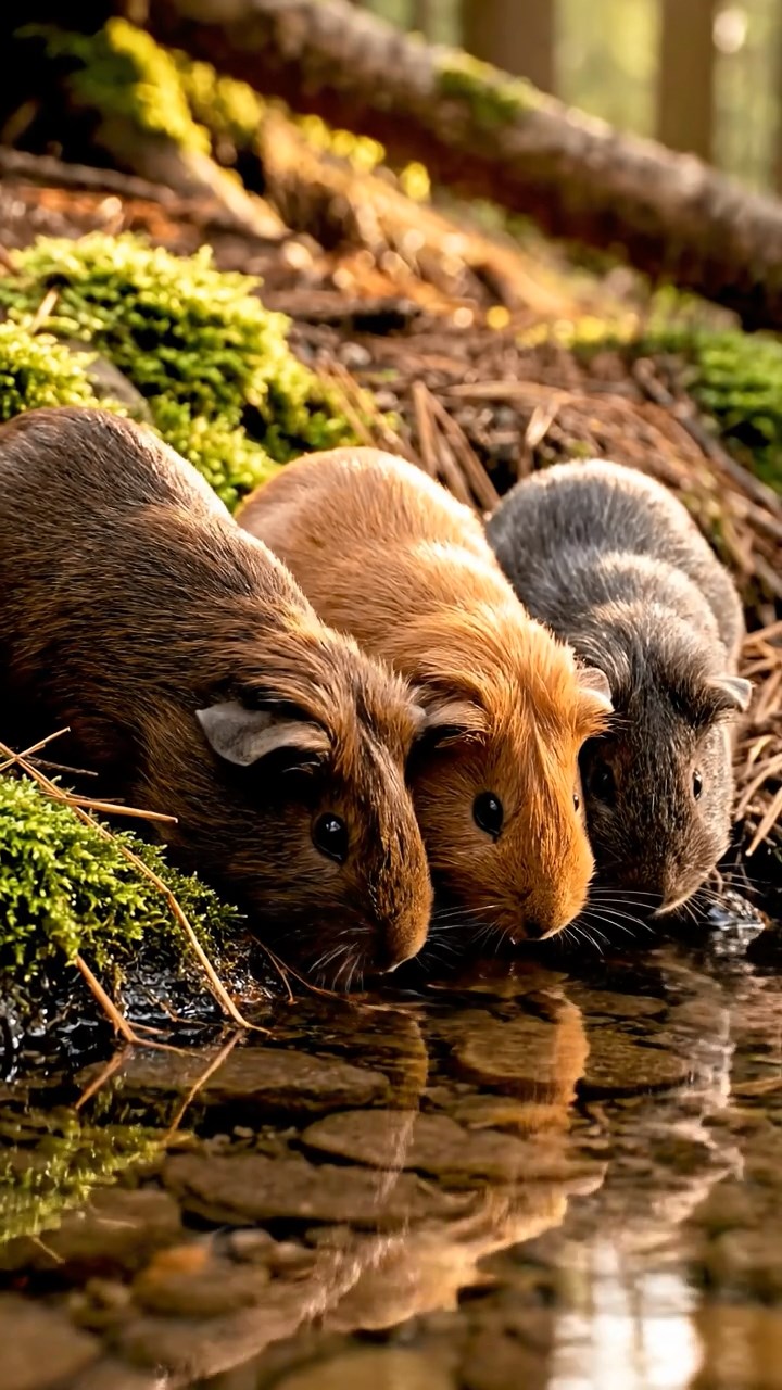 308. Realistic scene of 3 smooth-haired Californian guinea pigs with Chocolate, Cinnamon, and Gray fur, drinking from a clear stream in a forested slope with pine needles and moss, under dappled sunlight, enhancing the authentic, serene atmosphere.
