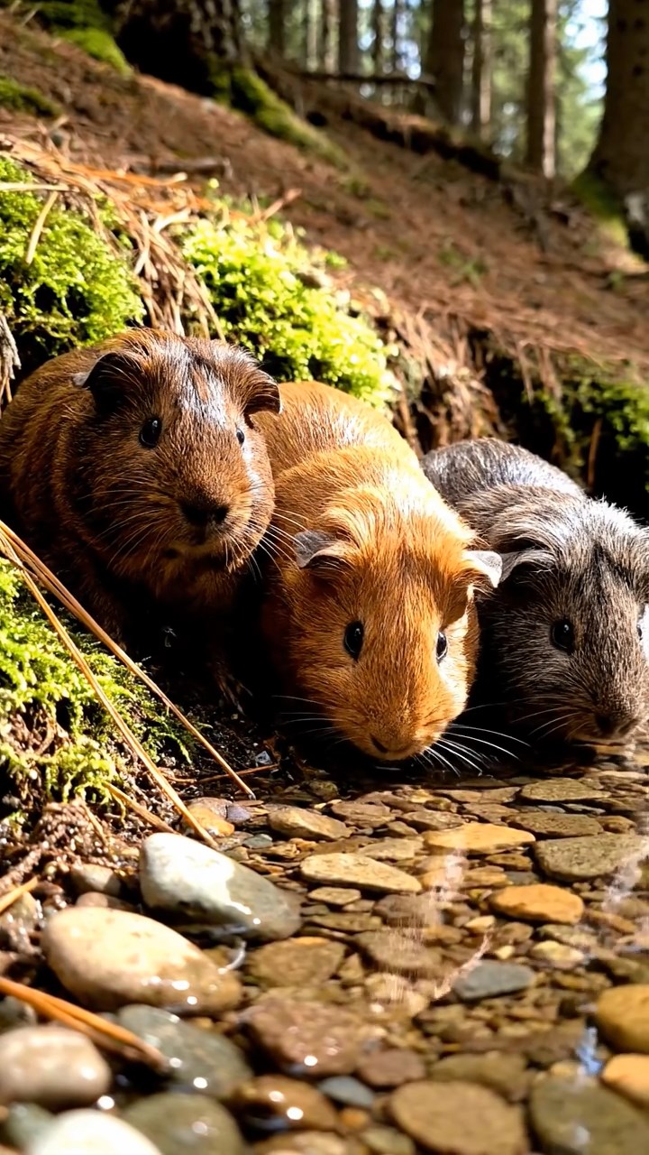 308. Realistic scene of 3 smooth-haired Californian guinea pigs with Chocolate, Cinnamon, and Gray fur, drinking from a clear stream in a forested slope with pine needles and moss, under dappled sunlight, enhancing the authentic, serene atmosphere.