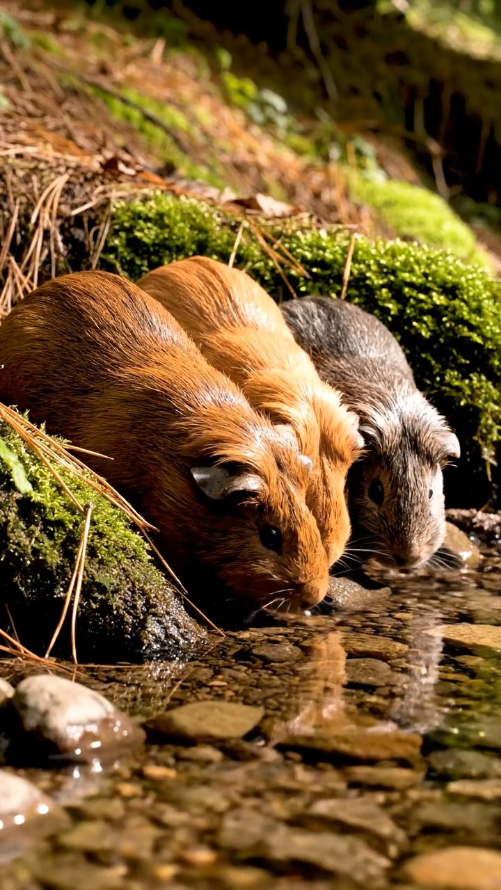 308. Realistic scene of 3 smooth-haired Californian guinea pigs with Chocolate, Cinnamon, and Gray fur, drinking from a clear stream in a forested slope with pine needles and moss, under dappled sunlight, enhancing the authentic, serene atmosphere.