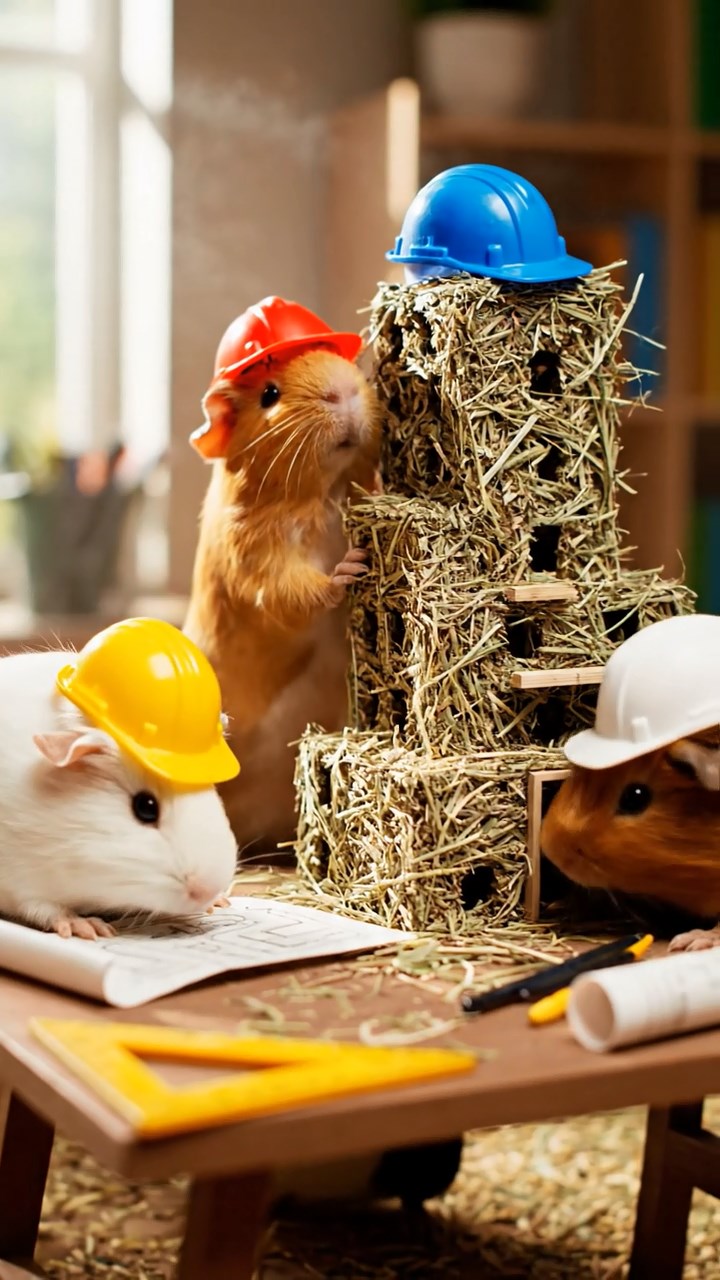 309. Detailed photo of 4 smooth-haired American guinea pigs with White, Orange, Black, and Brown fur, dressed as architects in tiny hard hats, designing miniature buildings in a guinea pig office with hay models and wooden desks, under soft daylight, creating a vivid, realistic professional scene.